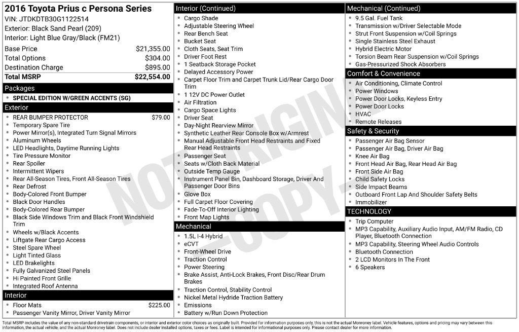 2016 Toyota Prius c Persona Series