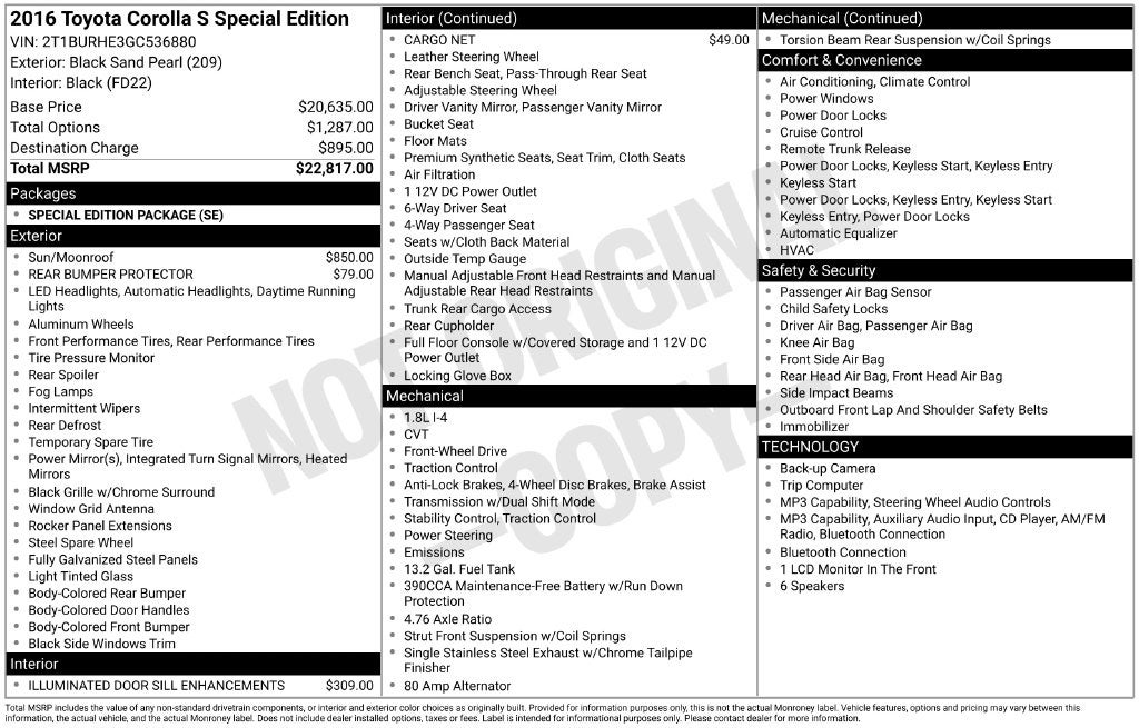 2016 Toyota Corolla S Special Edition